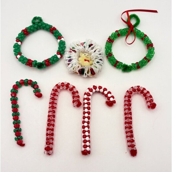 Handmade Beaded Christmas Tree Ornaments Wreath Candy Cane Lot of 7 - Picture 9 of 9